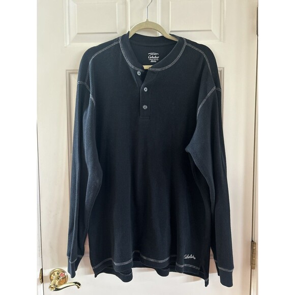 Cabelas Thermal Henley Mens Large Black Waffle Knit Long Sleeve Cotton - Picture 1 of 3